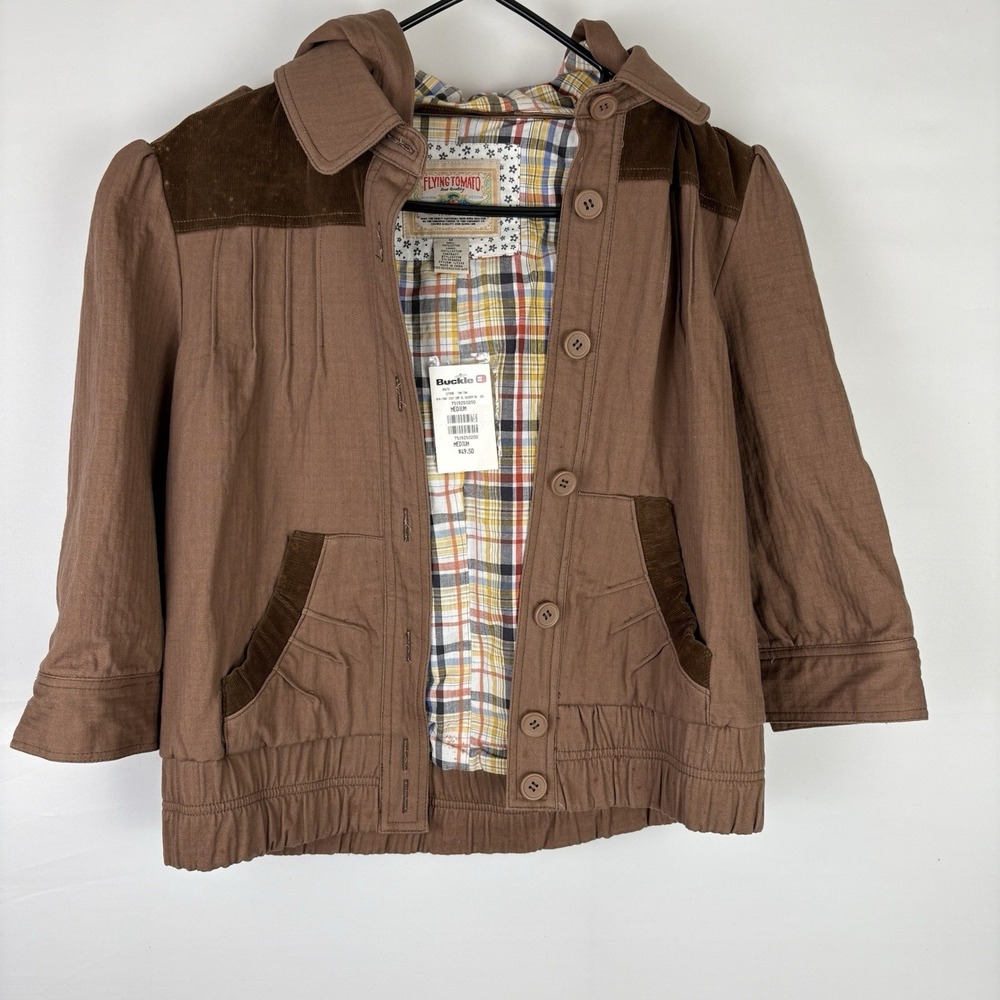 Flying Tomato Women M Jacket Tan Plaid Hooded Western Boho Cowgirl Tags